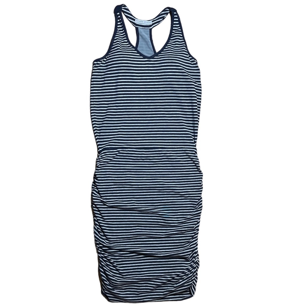 Athleta Ember Pima Cotton Striped Ruched Dress Sz MT(Medium Tall)